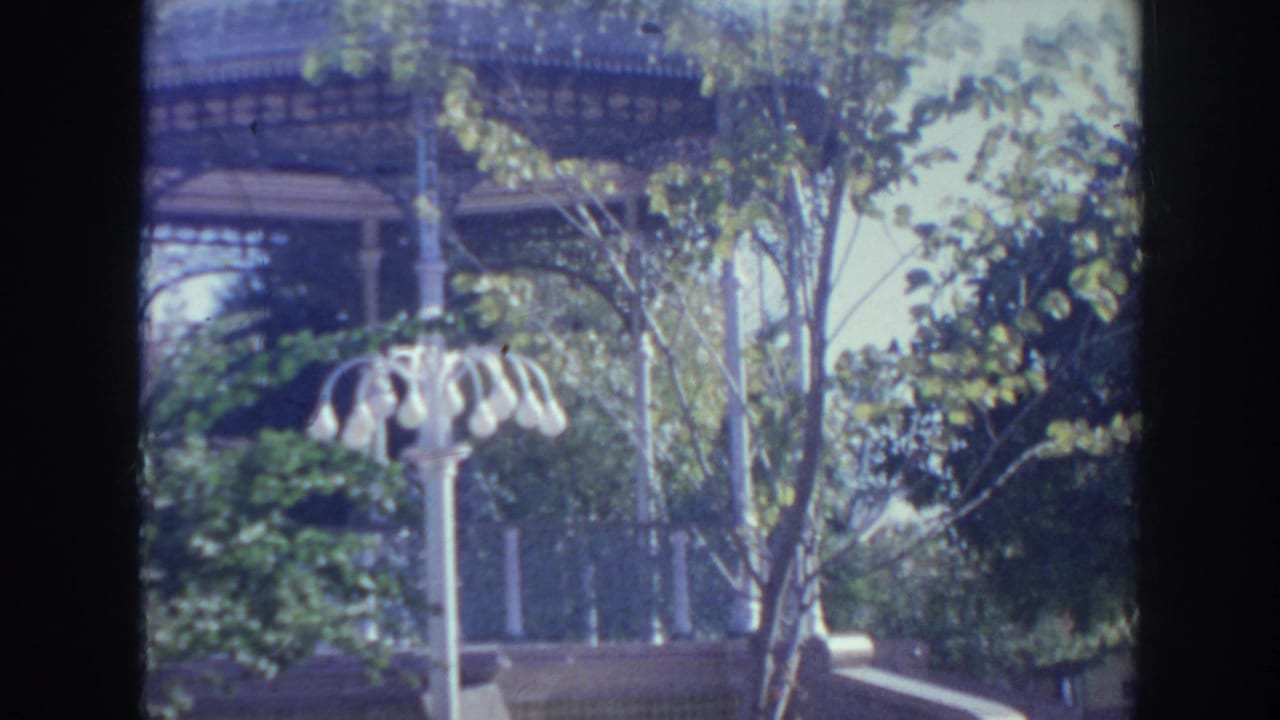 1961 Hawaii 8mm frame showing an ornate gazebo through trees, with shrubs, a low wall, and a white multi-globe lamppost in the foreground.