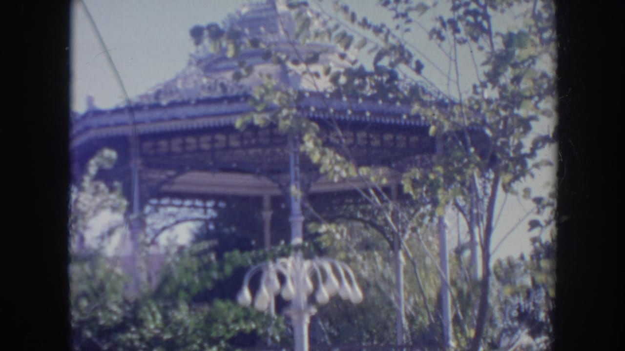 Gazebo roof and columns behind foliage with a white lamppost near the center.