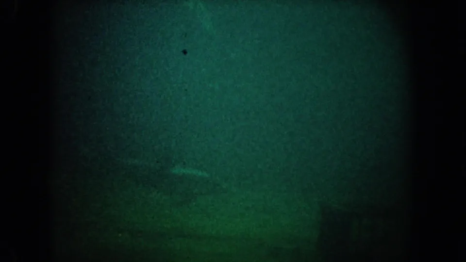 Grainy 1962 California 8mm underwater view with a faint curved marine shape in low-visibility green water.
