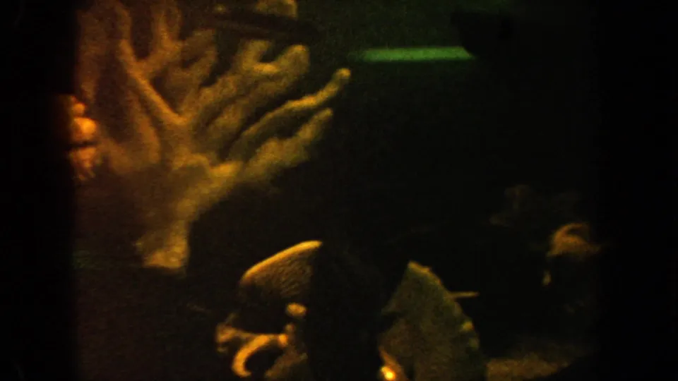 1962 California 8mm aquarium frame with coral-like decor, dark fish shapes, and warm low-light color shifts.