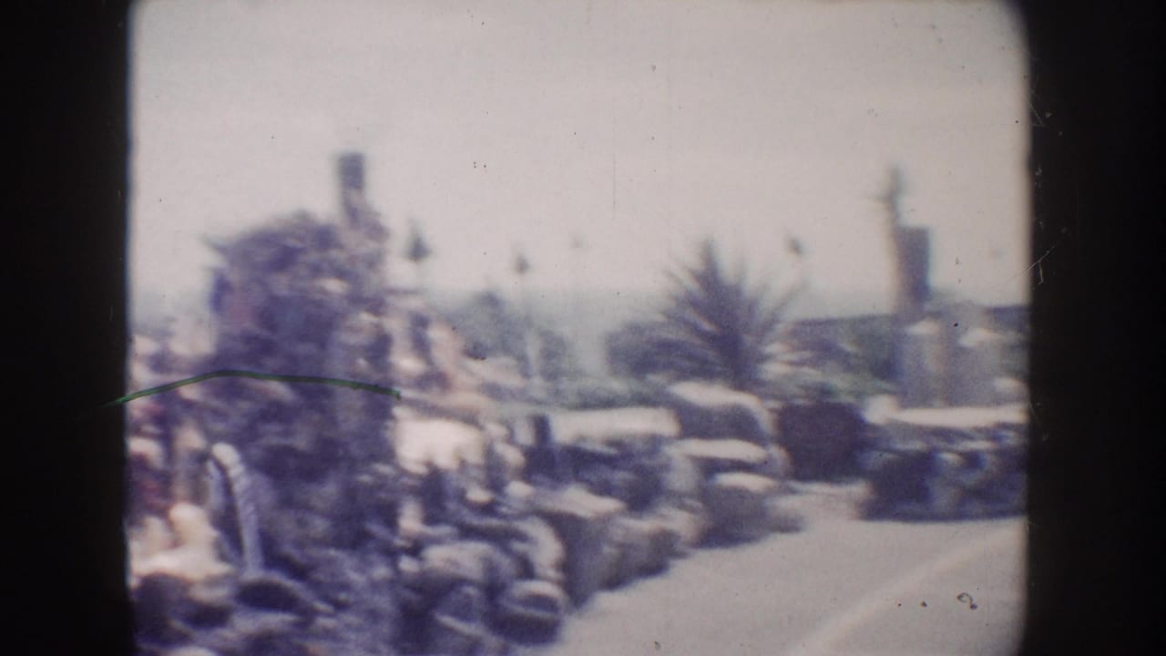 Soft 8mm view of a California coastal garden, with a rock sculpture or fountain, palm-like plants, stone edging, and the ocean horizon behind it.