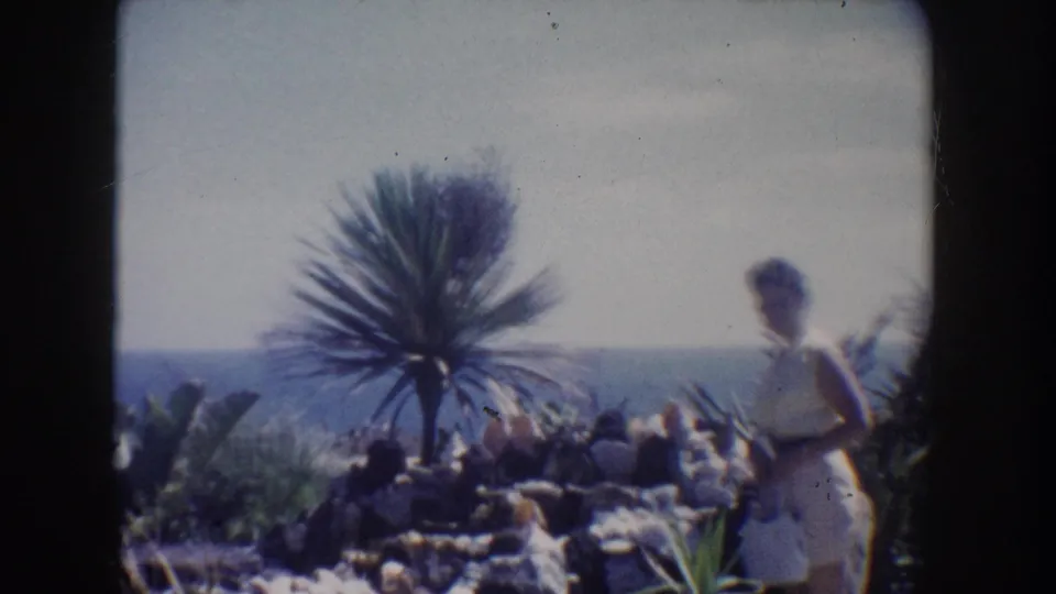 Soft 8mm frame from 1962 California showing a woman at a planted coastal overlook with a large yucca-like palm and blue ocean background.