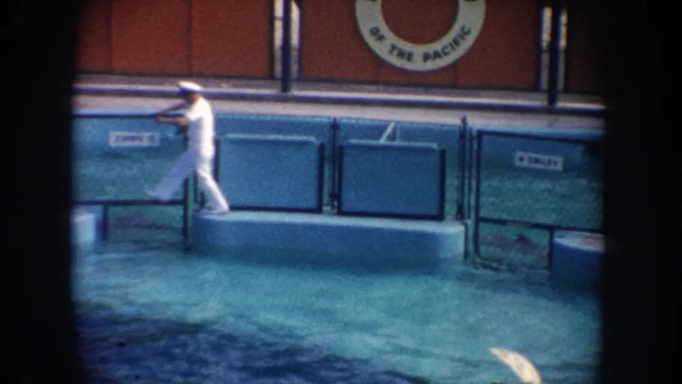 1962 California aquarium frame with a trainer gesturing at poolside while a seal is partly visible in the water below.