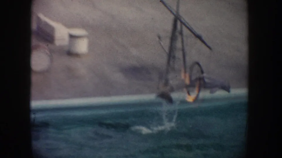 1962 California 8mm frame showing a sea lion mid-jump near a flaming ring over water in a public animal act.
