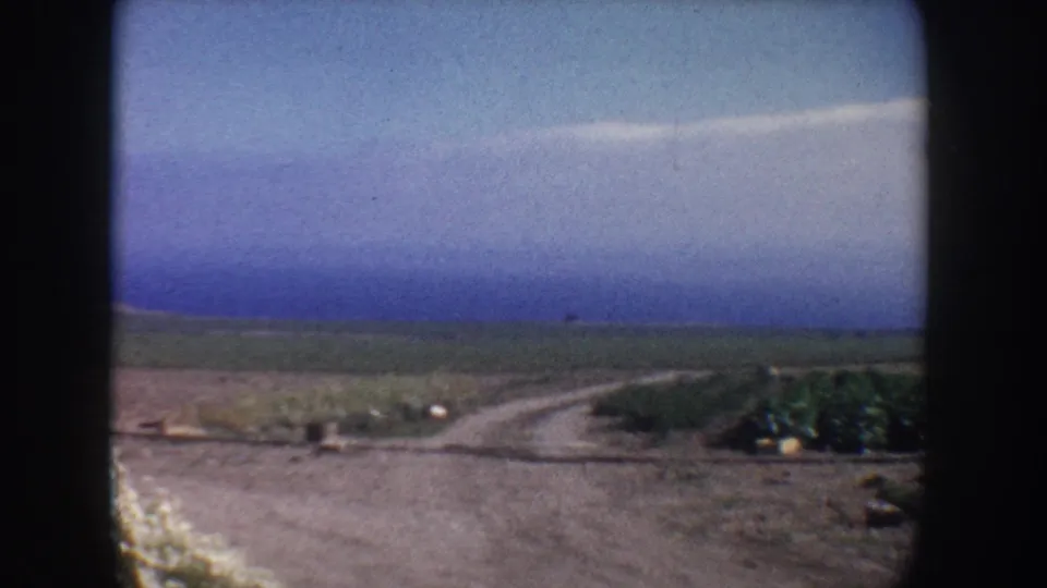 1962 California rural frame showing a dirt road at the edge of fields, with crop rows, low brush, and open sky.