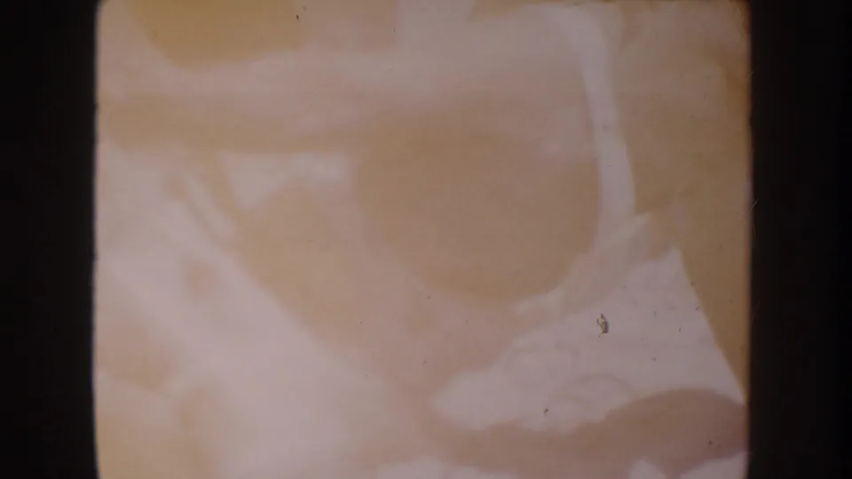 Soft 8mm frame from the Anaheim home movie, showing indistinct rounded forms, warm fading, dust, and visible gate edges.