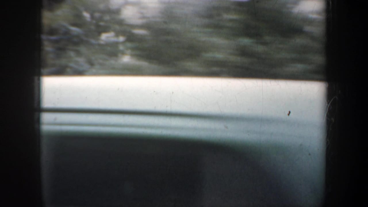 Soft 8mm frame from a moving vehicle, with dark window framing, a pale horizontal surface, and blurred greenery beyond.