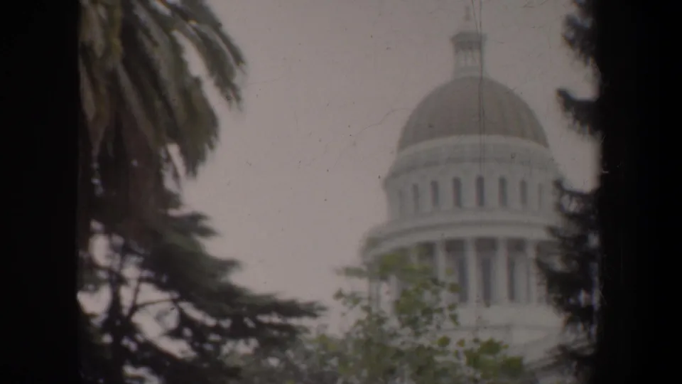 A visitor-shot 8mm view centers the California State Capitol dome behind palm and evergreen branches.