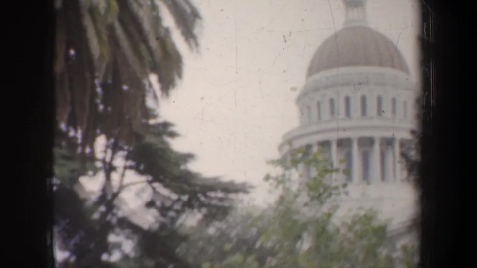 The capitol dome and upper columns appear through palm fronds and trees in soft 1950s color 8mm footage.
