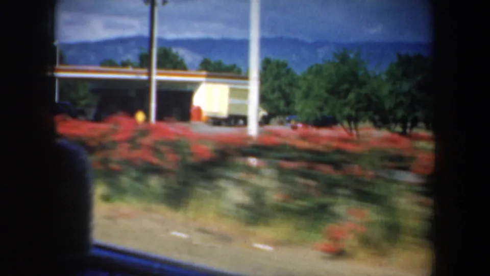 1950s color home-movie view of a roadside service-station canopy, red plantings, trees and distant mountains from a moving vehicle.