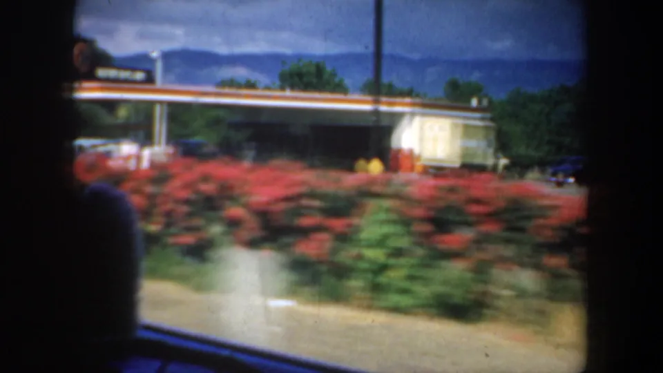 1957 San Francisco-area road footage showing red roadside flowers, a service-station canopy, and a truck blurred by vehicle motion.