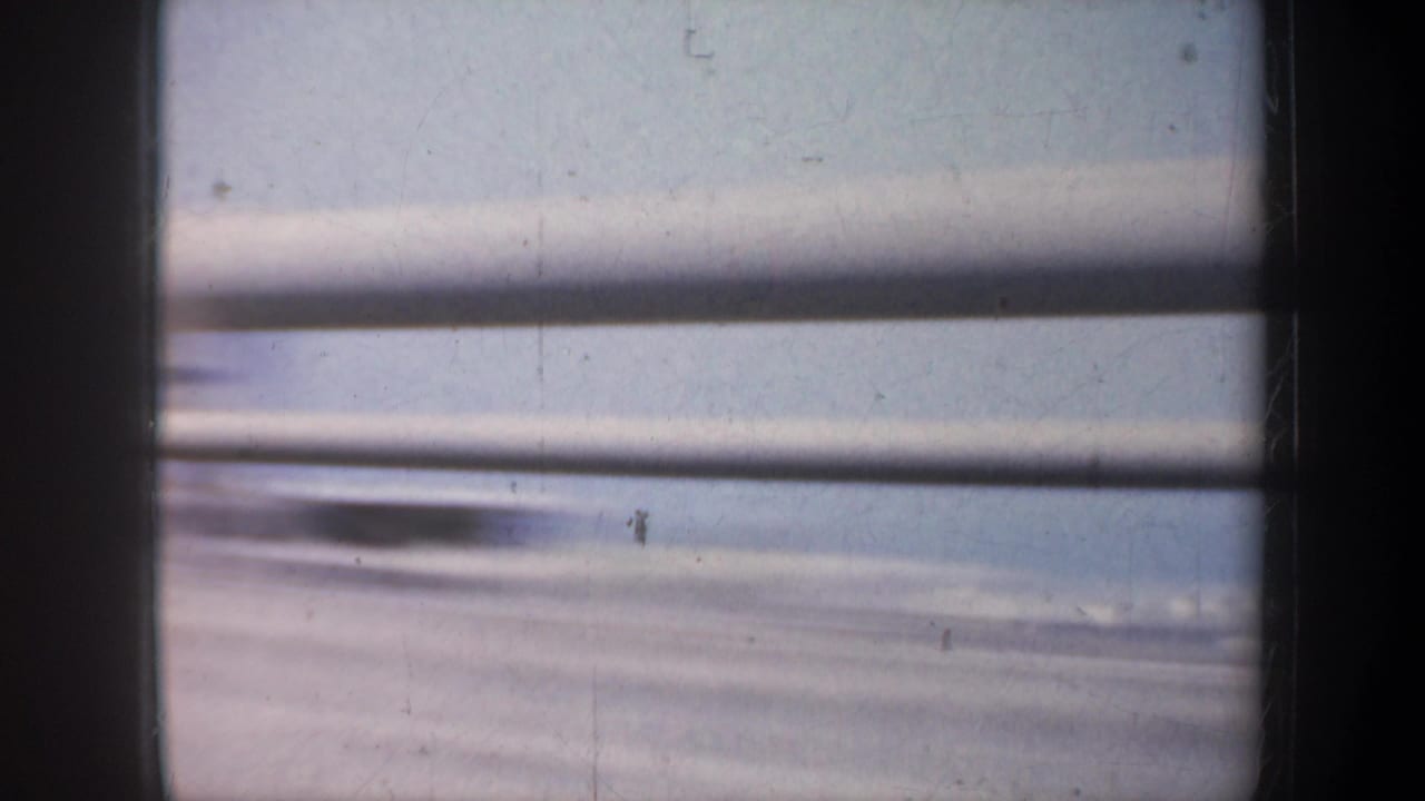 Blurred bridge railings and pale water seen through the vehicle window.