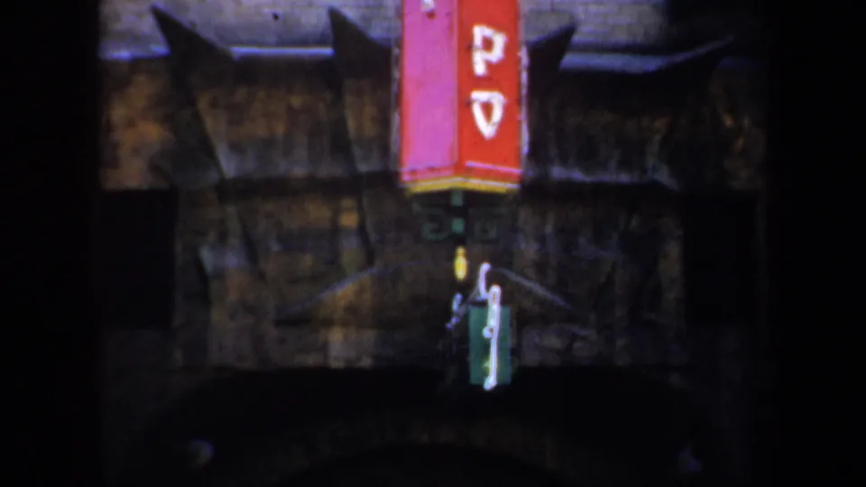 Final frame holds on a vertical red sign with Chinese characters above a dark storefront and building facade.