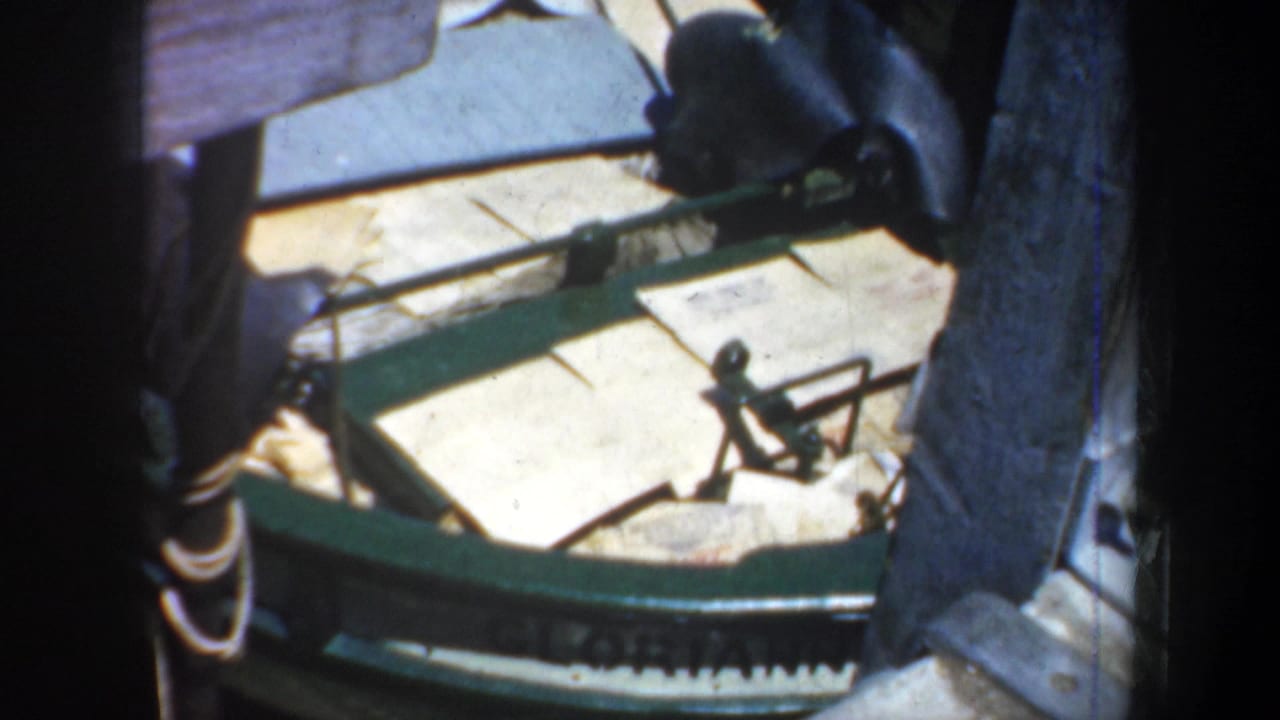 Green boat rail or deck edge with ropes, a dark fender, and wooden planks nearby.