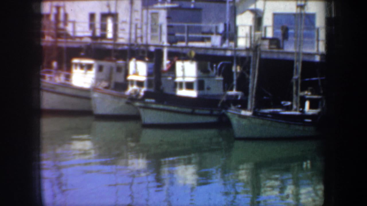 1957 San Francisco harbor view with small fishing boats tied along the pier and reflected in the water below dockside structures.