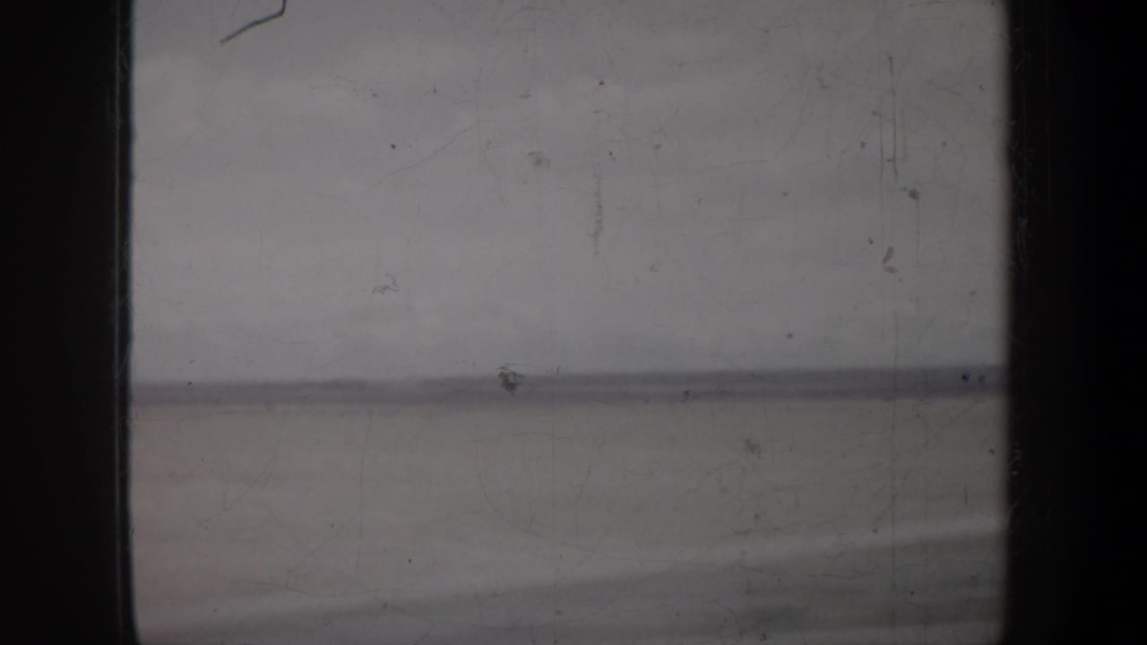 Archival 8mm view from a moving road trip, showing a low horizon and pale sky with visible film wear and gate edges.