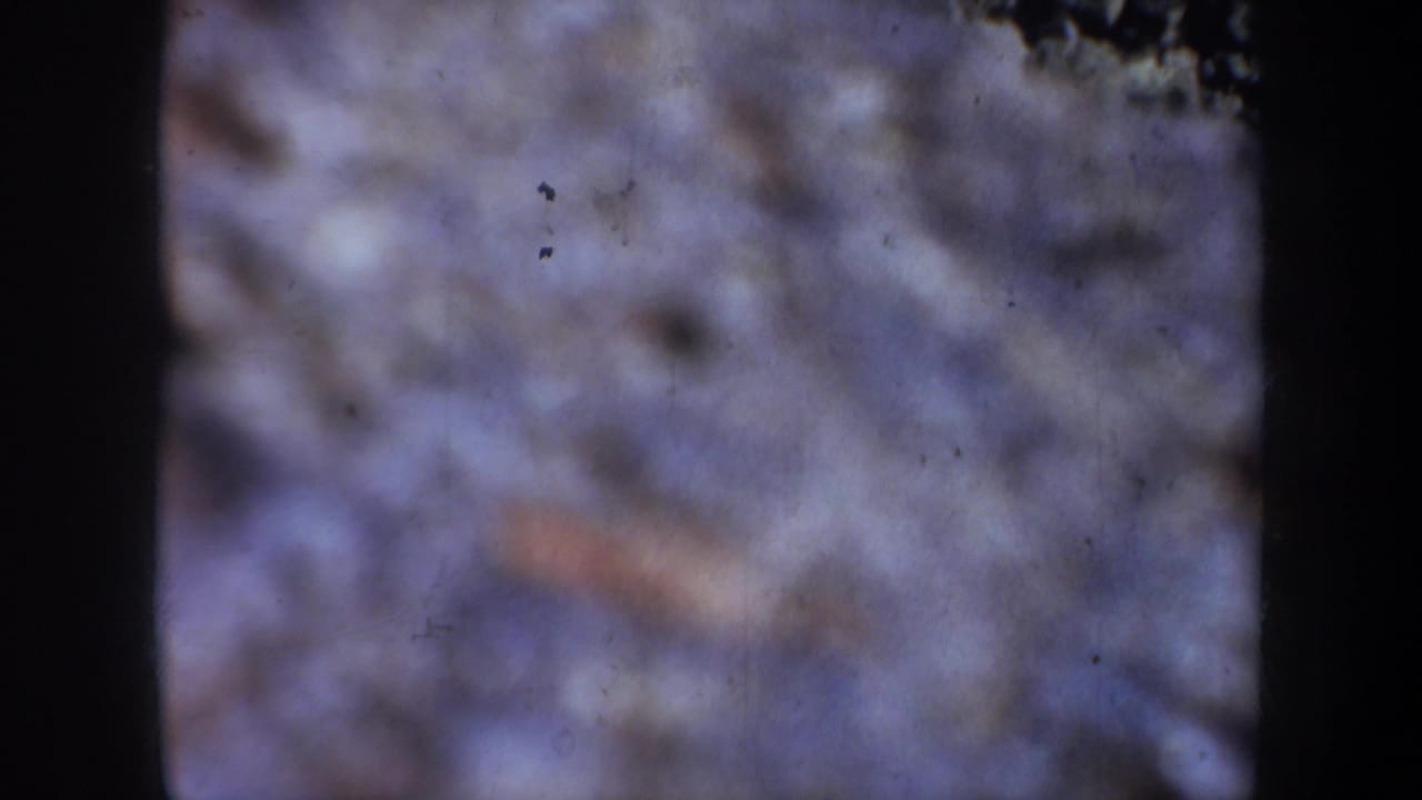 Soft, blurred view of ground or riverbank texture seen through dark film-frame edges.
