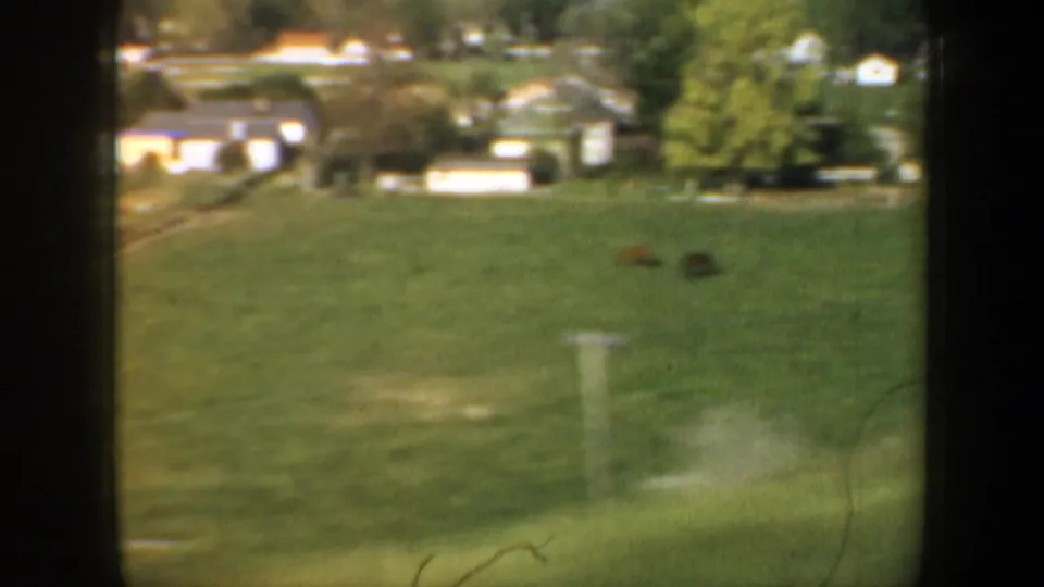 Moving-car 8mm view near Portland, Oregon, showing a green field, nearby houses, trees, distant hills, and dark animals in pasture.