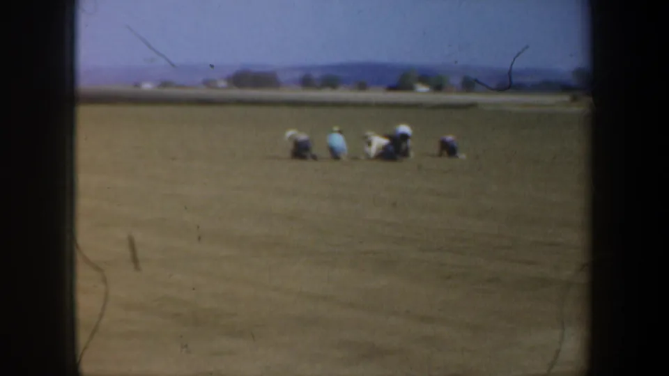 1957 Portland-area home-movie frame showing several distant workers in a flat field, seen from a moving car.