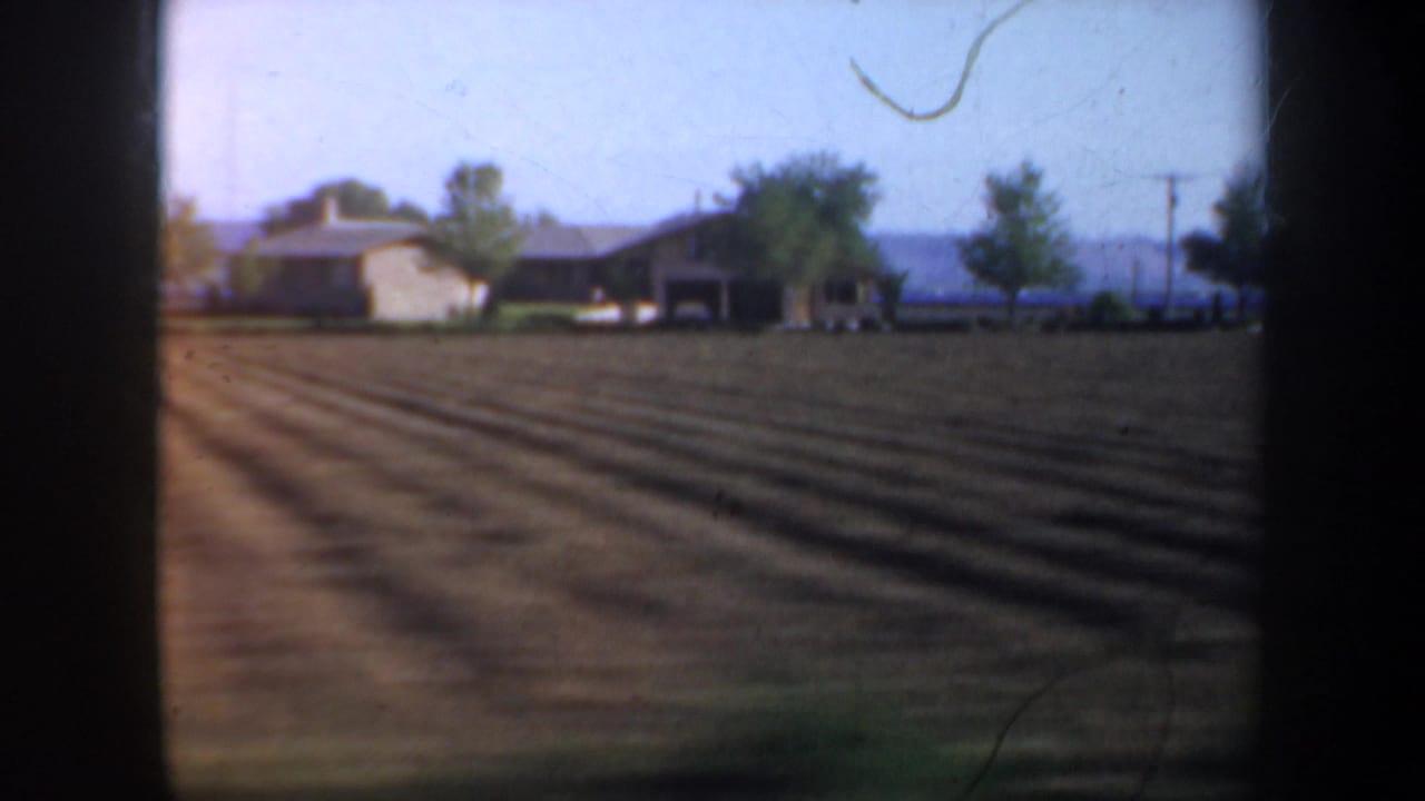 Tilled field rows lead toward a house, trees, and low hills in the distance.