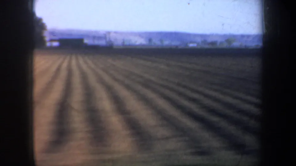 A 1957 Portland-area home-movie frame of long furrows receding toward a distant rural horizon.