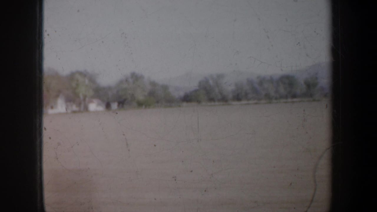 1957 Portland-area 8mm view from a moving vehicle, showing a pale field, distant houses, trees, and a soft horizon.