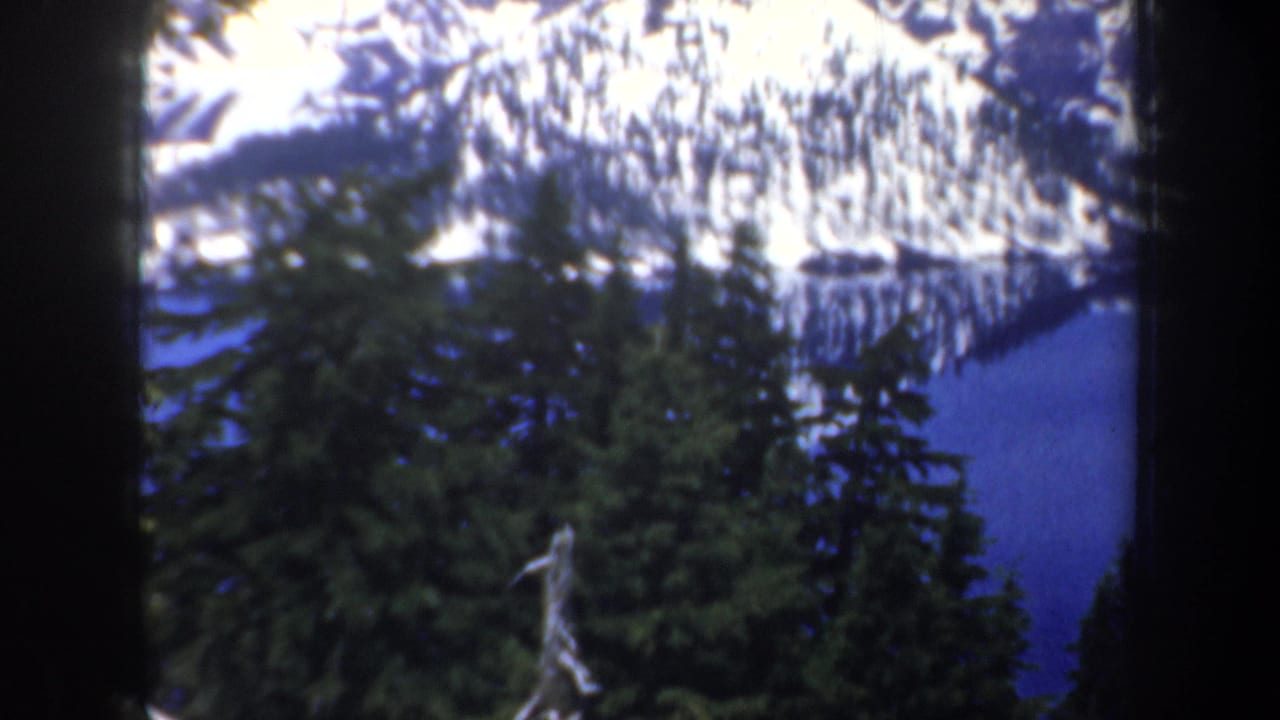 Snowy mountain and blue lake partly framed by evergreen trees.