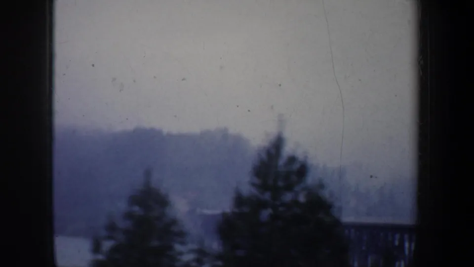 1957 Portland, Oregon frame with evergreen trees in the foreground and a partial river bridge visible through the vehicle window.