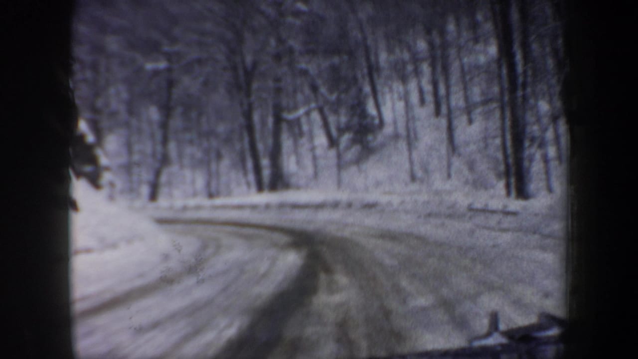 Snow-covered road curves through bare trees with tire tracks visible.