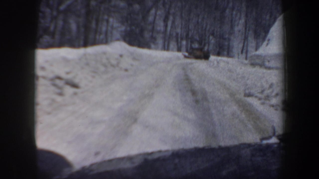 Snow-packed forest road seen from inside a vehicle with a plow or truck ahead.