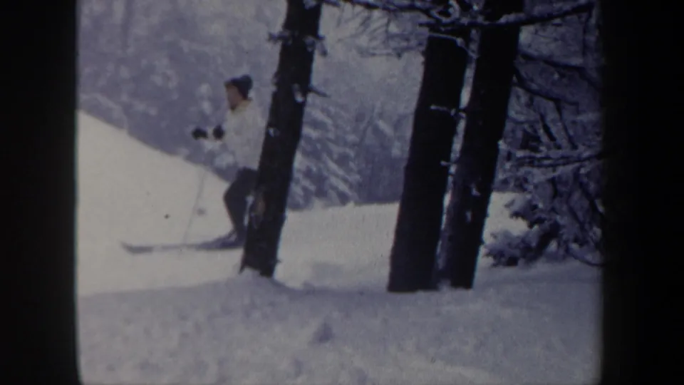 The skier continues down the New Hampshire slope near dark tree trunks, framed by snow-covered ground and winter woods.