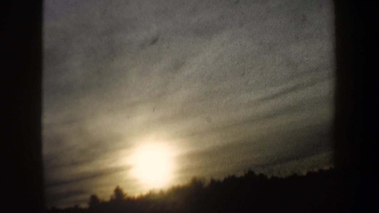 Low sun or bright glare behind a dark winter treeline under a cloudy sky.