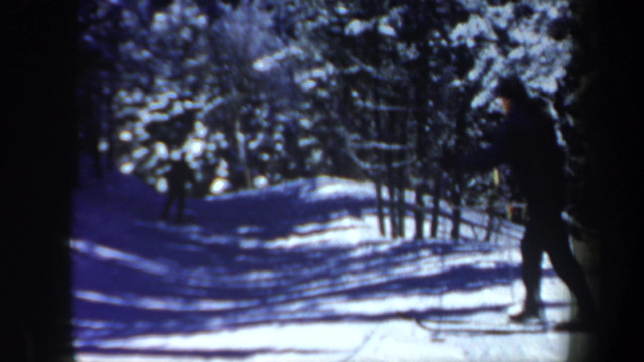 1962 New Hampshire 8mm frame showing two adult skiers moving through a snow-covered forest trail.
