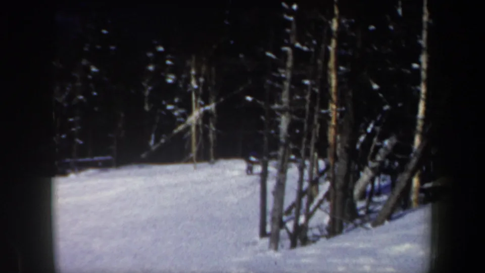 8mm frame from the New Hampshire ski scene showing tree trunks, snow cover, and the edge of a wooded slope.