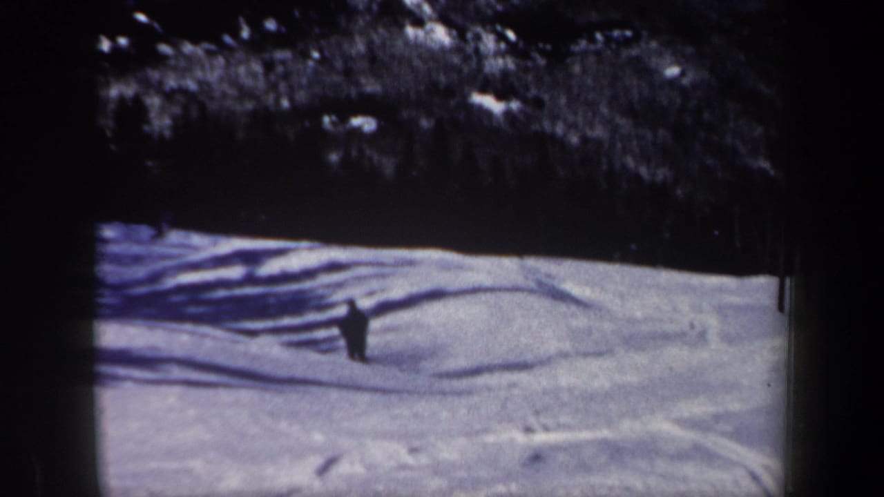 The lone skier appears small in the frame while descending across the snowy New Hampshire slope under a dark treeline.