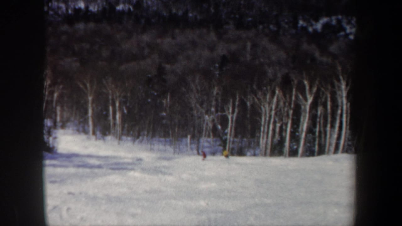 Two distant figures continue across a snowy wooded ski slope.