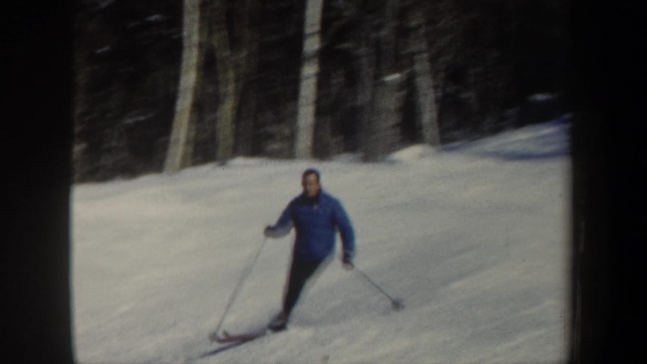 The skier approaches the camera on a snowy wooded slope, wearing a blue jacket and dark pants.