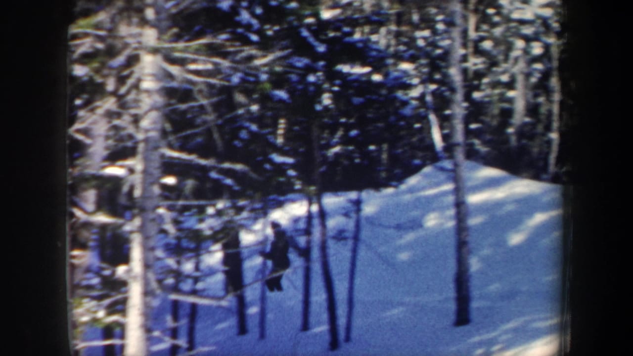 Home-movie frame of a skier moving downhill on a wooded New Hampshire snow slope, with bare trunks and heavy blue shadows.