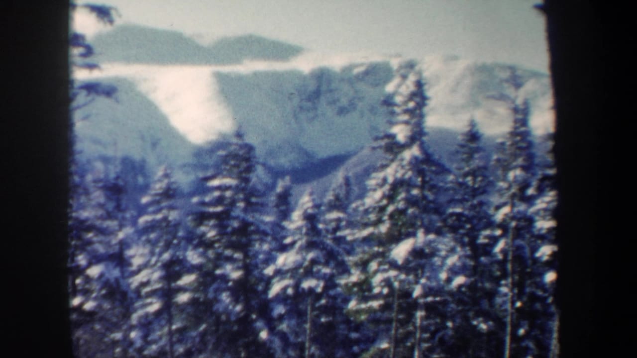 1962 New Hampshire home-movie frame of snowy evergreens and a hazy mountain backdrop in winter light.