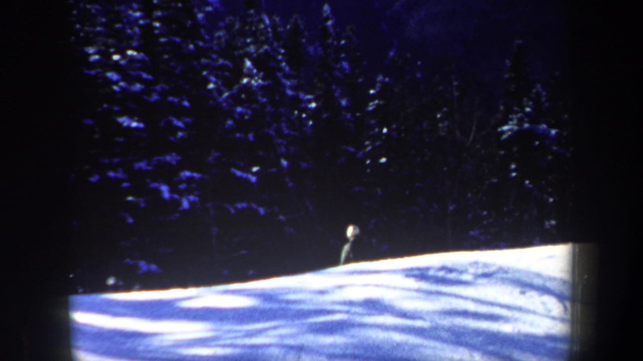 A small skier is visible on a bright snowy slope beneath dense trees in the 1962 New Hampshire winter scene.