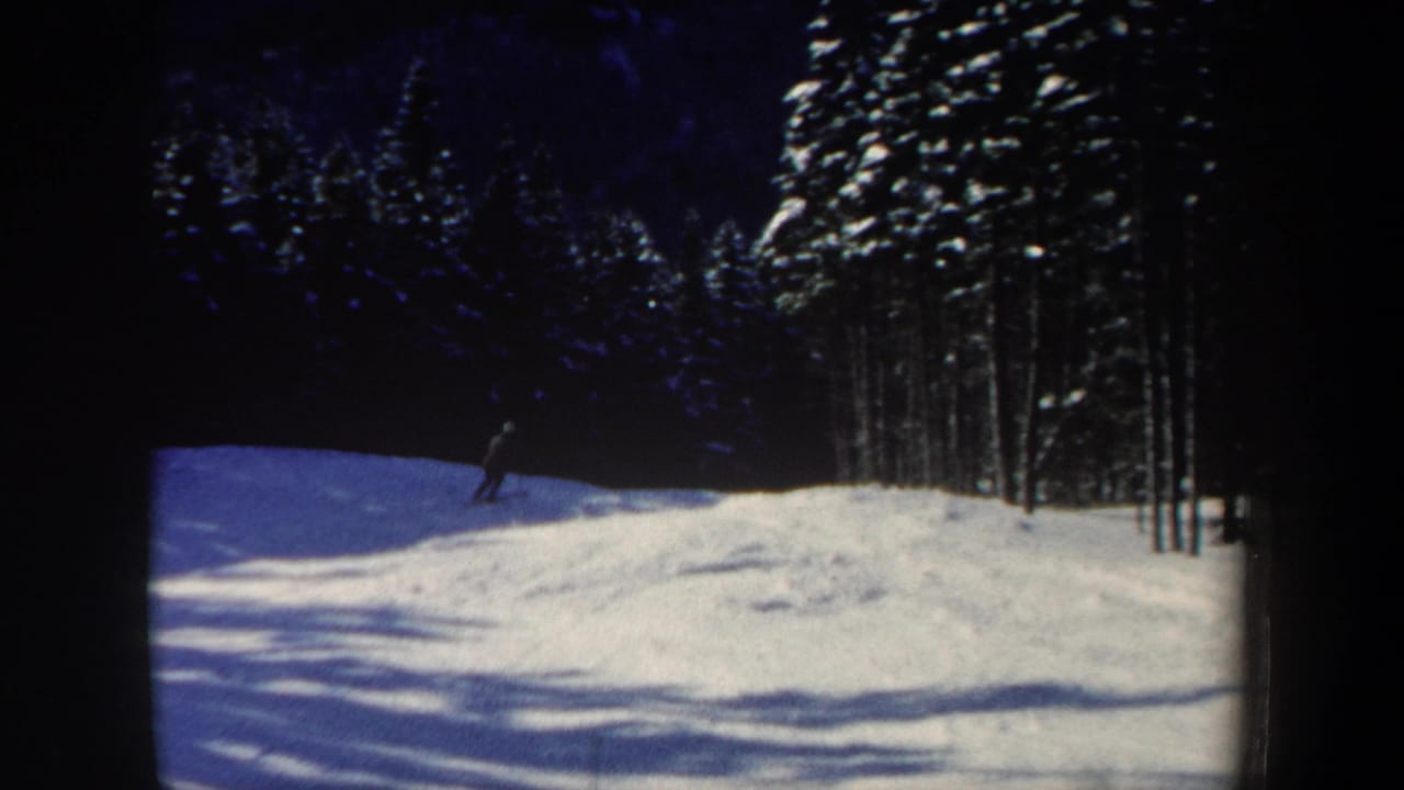 The skier nears the edge of the frame on the snowy New Hampshire slope, backed by dense winter forest.