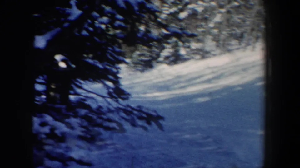 A New Hampshire winter slope appears through a dark evergreen foreground, with snow and bright light dominating the frame.