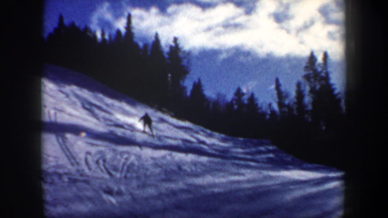 A distant skier descends a snowy slope below dark evergreen trees and a blue sky.