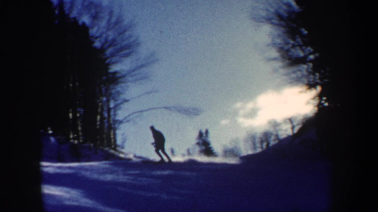A lone skier descends a snowy New Hampshire hillside in silhouette, with bare trees and a bright clouded sky behind them.