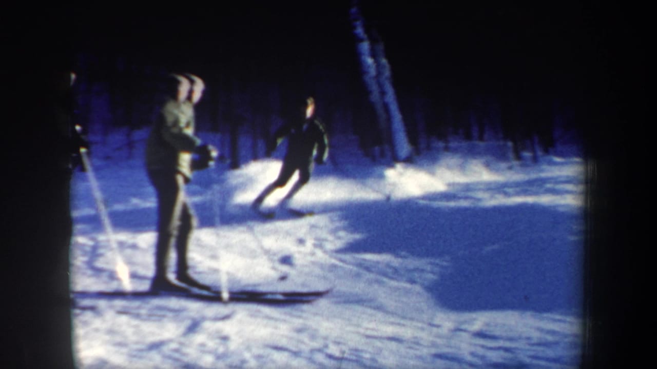 Two skiers stand and turn on a snowy hillside near dark woods.