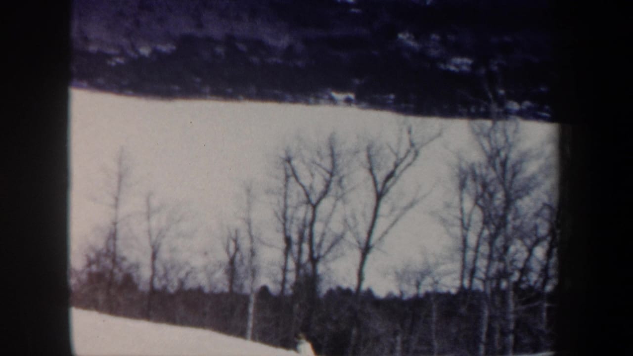 New Hampshire 1962 home-movie frame showing snow, bare winter trees, and a dark forest line at a ski area.