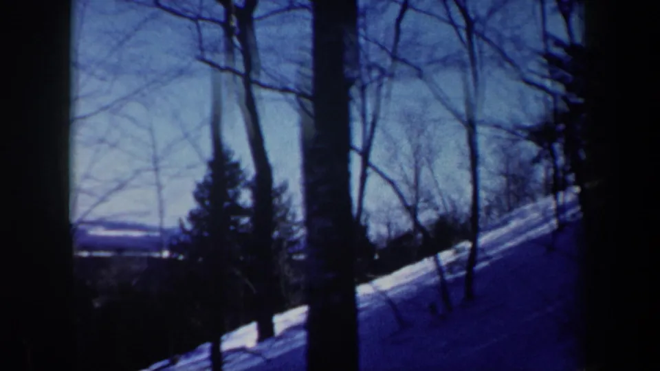 New Hampshire winter slope seen through bare trunks and evergreens, with snow on the hillside and blue sky beyond.