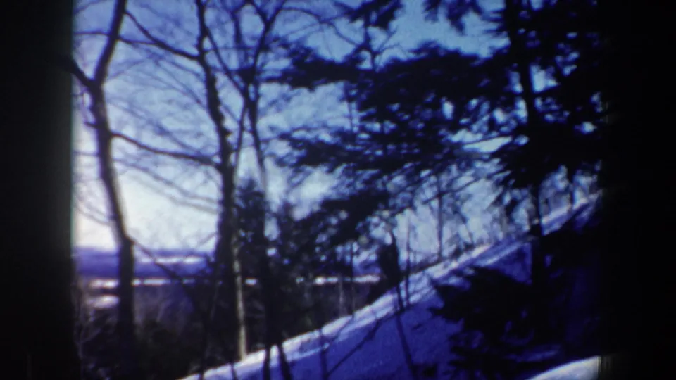 1962 home-movie frame from New Hampshire showing a snowy wooded hillside with bare trees, evergreens, and distant landscape.