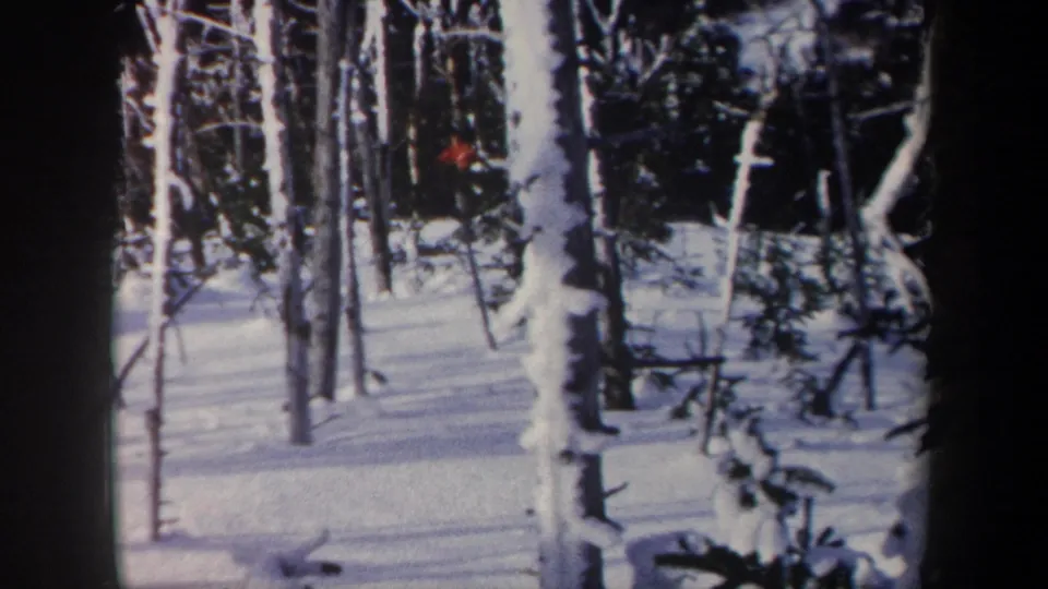 1962 New York 8mm frame showing a skier in red partly obscured by tree trunks in a snow-covered wooded area.
