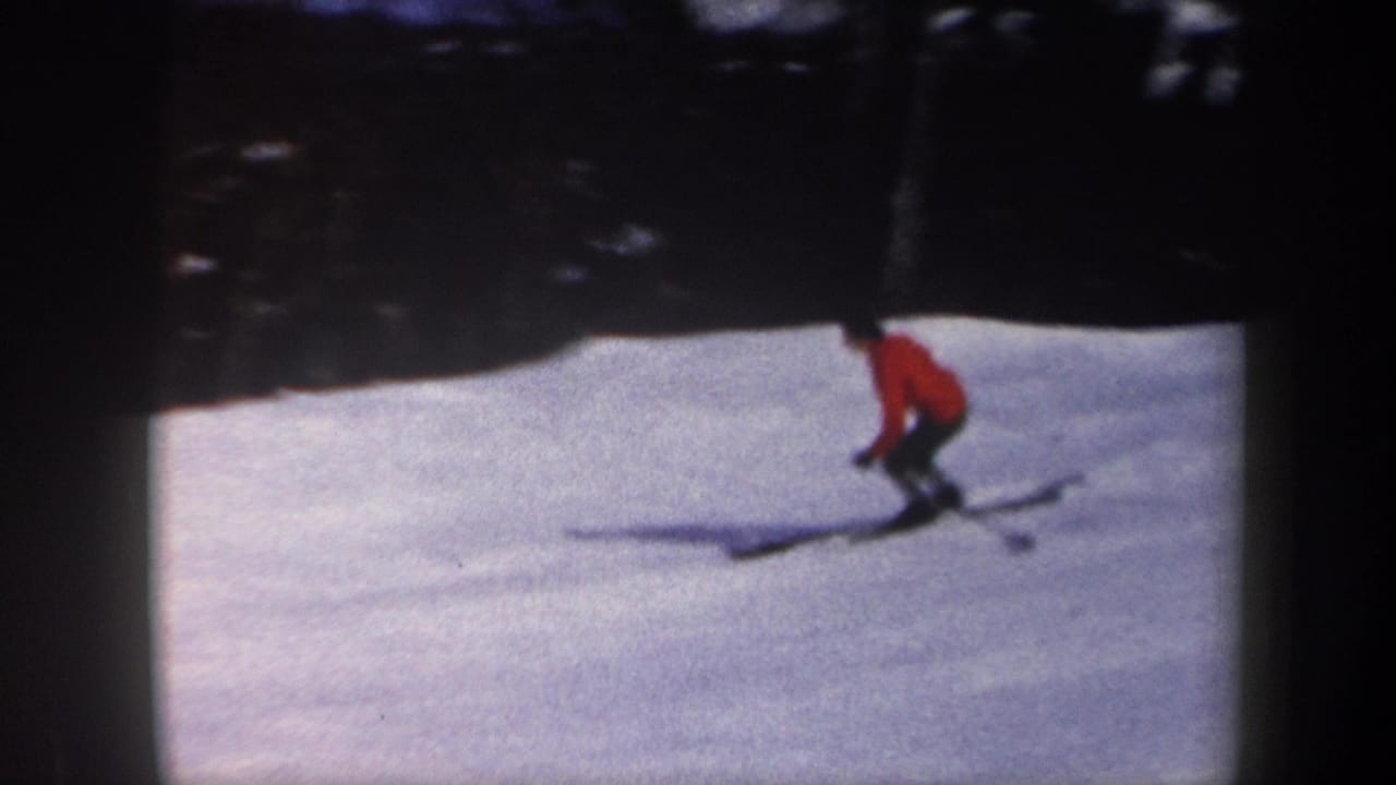Skier in a red sweater descends a bright snowy slope near dark trees.